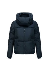 Zwarte gewatteerde winterjas met grote kraag, rits aan de voorkant en zijzakken, ontworpen voor warmte en comfort.