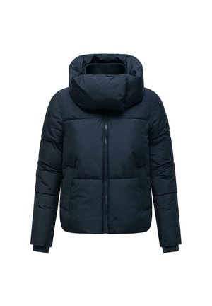Black padded winter jacket with large collar, front zipper, and side pockets, designed for warmth and comfort.