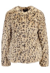 Tekokarvainen takki vaaleanbeige vaaleilla ruskeilla leopardikuvioilla, jossa on pyöreä kaula-aukko ja pitkät hihat. Pehmeä rakenne, jossa on ylellinen ulkonäkö.