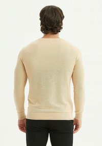 Pull en tricot beige clair avec des manches longues, bord-côtes aux poignets et à l'ourlet, design ajusté et texture lisse, associé à un pantalon sombre.