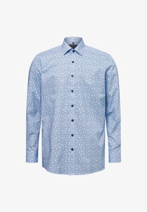 Hemd mit Knöpfen in Hellblau, versehen mit einem geometrischen Muster in dunklerem Blau und Pink. Lange Ärmel, klassischer Kragen, normale Passform.