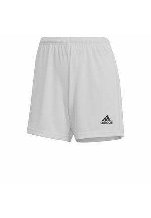 Witte sportieve shorts van lichtgewicht stof, met een elastische tailleband en een zwart Adidas-logo aan de onderste linkerkant.