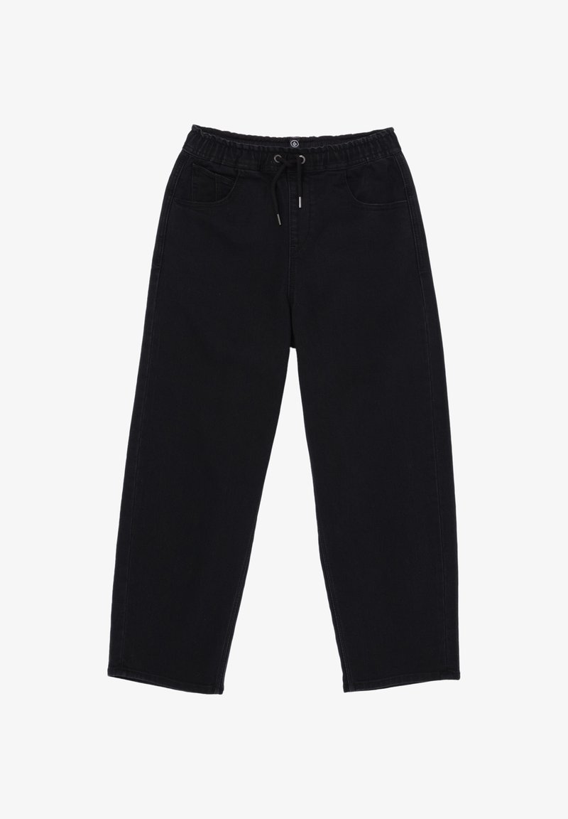 Pantalon noir à jambes larges en denim avec taille élastique, cordon de serrage et deux poches avant. Texture lisse, coupe droite.
