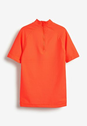 Short-sleeve rash guard in bright orange with a high collar and a rear zipper. Made from smooth, lightweight material.