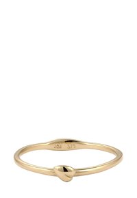 Goldring mit glatter Oberfläche, mit einem tropfenförmigen Akzent. Markiert mit "JQ 375", was die Goldreinheit anzeigt. Schlichte und elegante Gestaltung.