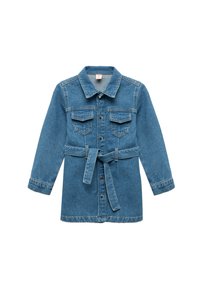 Vaaleansininen farkkukangaasta valmistettu mekko, jossa on napillinen etuosa, pitkät hihat, kaksi rintataskua ja vyötärölle sidottava vyö. Mekossa on klassinen kaulus ja suora leikkaus.