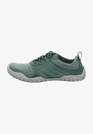 Green athletic shoes feature a combination of textile and synthetic materials, a textured outsole, and a minimalist design with a subtle pattern.