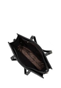Borsa a mano in pelle nera con una spaziosa interni marroni. Presenta doppi manici e una chiusura a zip. Foderata con tessuto marchiato.
