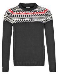 Svart stickad tröja med vitt och rött nordiskt mönster över bröstet, axlarna och övre ärmarna, med rund hals och långa ärmar.