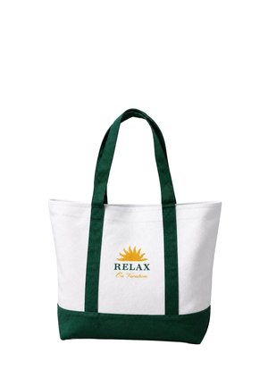 Bolsa tote de lona blanca con asas y base en verde oscuro, con un gráfico de sol amarillo y el texto "RELAX On Vacation" en el frente.