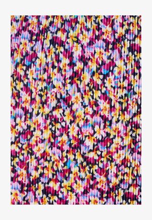 Motif floral dense avec de petites fleurs jaunes, roses, bleues et noires sur un fond blanc à côtes.