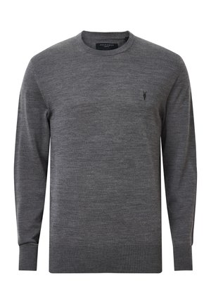 Grijs sweater met ronde hals, gemaakt van zacht gebreid materiaal, met lange mouwen, geribbelde manchetten en onderrand, en een klein geborduurd logo op de borst.