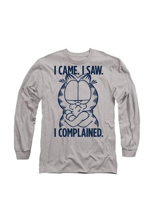 Long-sleeve gray cotton t-shirt featuring a blue graphic of a cat with crossed arms and the text: "I CAME. I SAW. I COMPLAINED."