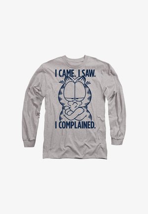 Langärmliges graues Baumwoll-T-Shirt mit einem blauen Grafikdesign eines Katers mit verschränkten Armen und dem Text: "ICH KAM. ICH SAH. ICH HABE GEMÄNGELT."