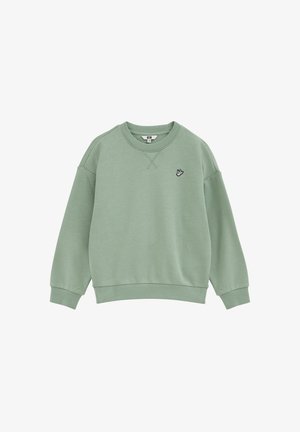 Lysegrøn crewneck-sweatshirt med lange ærmer og et lille hvidt og sort håndlogo på venstre bryst.