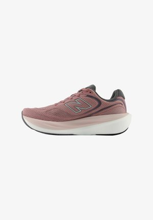 Pink and gray New Balance running shoe with thick white sole, mesh upper, and side logo on a white background.