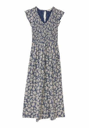 Sinine ja valge lillemustriga maksikleidi lühikeste lehvivate varrukatega, kummiga kehaosaga, V-kaelusega ja tagaküljel avausega detailiga.