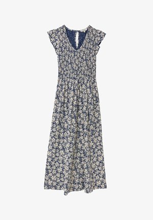 Sinine ja valge lillemustriga maksikleidi lühikeste lehvivate varrukatega, kummiga kehaosaga, V-kaelusega ja tagaküljel avausega detailiga.