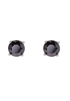 Boucles d'oreilles noires rondes et facettées en métal argenté avec des montures à quatre griffes, présentant une surface lisse et un design minimaliste.