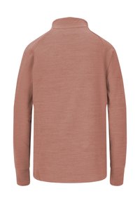 Pitkähihaisen puseron väri on pölyruusu, ja se on valmistettu teksturoituneesta kankaasta, jossa on korkea kaulus. Takana on yksinkertainen, selkeä muotoilu ilman koristeluja.