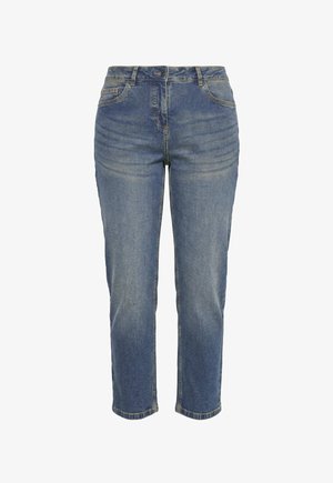 Blaue Jeans aus Denim mit geradem Bein, Vordertaschen, Gürtelschlaufen sowie einem Knopf- und Reißverschluss.