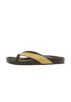 Brown flip-flop sandal with thick beige suede strap crossing over the foot and textured sole for grip.