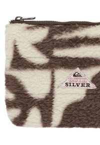 Bruine en crèmekleurige ritstas van donzig fleece materiaal met een abstract patroon. Quiksilver-logo in een geborduurde driehoekige detail.