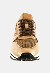 Světlé sportovní boty s hnědou síťovinou, syntetickým svrškem a hnědými šňůrkami. Mají černobílé pruhované podešve a polstrovaný jazyk.