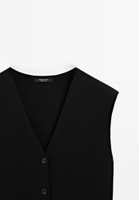 Schwarzes ärmelloses Strickoberteil mit V-Ausschnitt und drei Knöpfen, beschriftet "Massimo Dutti", vor einem schlichten weißen Hintergrund.