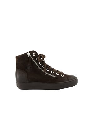 Dark brown high-top sneaker with laces and side zipper, featuring a rubber sole and suede texture.
