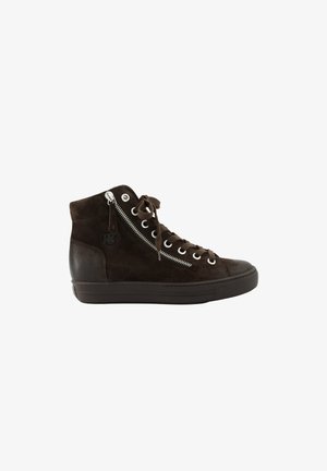 Dunkelbrauner High-Top-Sneaker mit Schnürsenkeln und seitlichem Reißverschluss, mit Gummisohle und Wildlederstruktur.