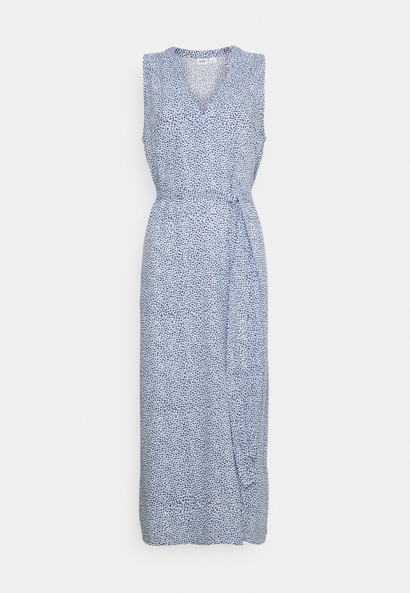 Robe bleue sans manches avec un col en V, présentant un design portefeuille, un motif imprimé abstrait et une ceinture à nouer à la taille.