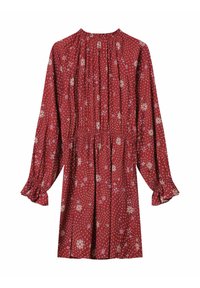 Robe florale rouge à manches longues, avec un col froncé et des poignets élastiques. Présente un motif ondulé et floral sur un tissu léger.