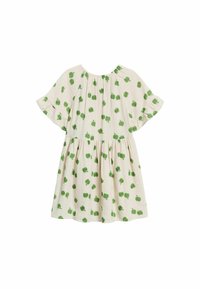 Helles cremefarbenes Kleid mit kurzen, schwingenden Ärmeln, das kleine grüne Apfelmuster aufweist. Hergestellt aus weichem, strukturiertem Stoff und mit einem gerafften Rock.