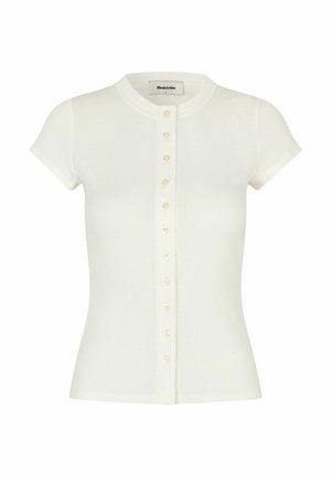 Wit kortarmige vest met ronde halslijn en knoopsluiting aan de voorkant met tien kleine knopen, nauwsluitend silhouet.