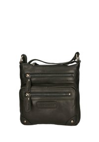 Borsa a tracolla in pelle nera con molteplici tasche con zip. Caratterizzata da superficie testurizzata, tracolla regolabile e dettagli in hardware argentato.
