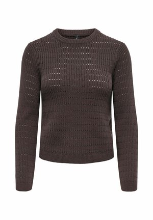 Pull tricoté marron foncé à manches longues avec un tissage ouvert texturé et à motifs, et un col rond.