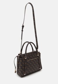 Borsa a mano nera con motivo e dettagli in oro, manici superiori e tracolla regolabile. Presenta cerniere e dettagli in metallo.