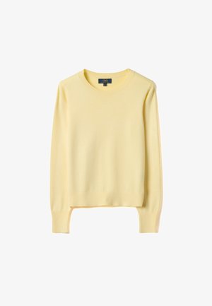 Pull jaune clair à manches longues avec col rond, poignets et ourlet côtelés, présenté à plat sur fond blanc.