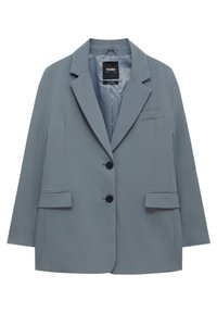 Blazer gris avec un col cranté, deux poches avant et deux boutons noirs. Confectionné en tissu lisse, avec une coupe ajustée et ample.