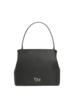 Borsa a mano in pelle nera con un manico singolo arrotondato e logo dorato "byblos" sul davanti, esposta su sfondo bianco.