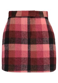 Plaid skirt in pink, burgundy, and black hues. Made of textured fabric with a fitted waist and clean hemline. Square pattern throughout.