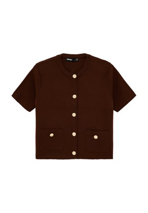 Dunkelbraunes kurzärmeliges Cardigan mit rundem Ausschnitt, vorderer Knopfleiste mit sechs beigen Knöpfen und zwei aufgesetzten Taschen vorne mit Knöpfen.