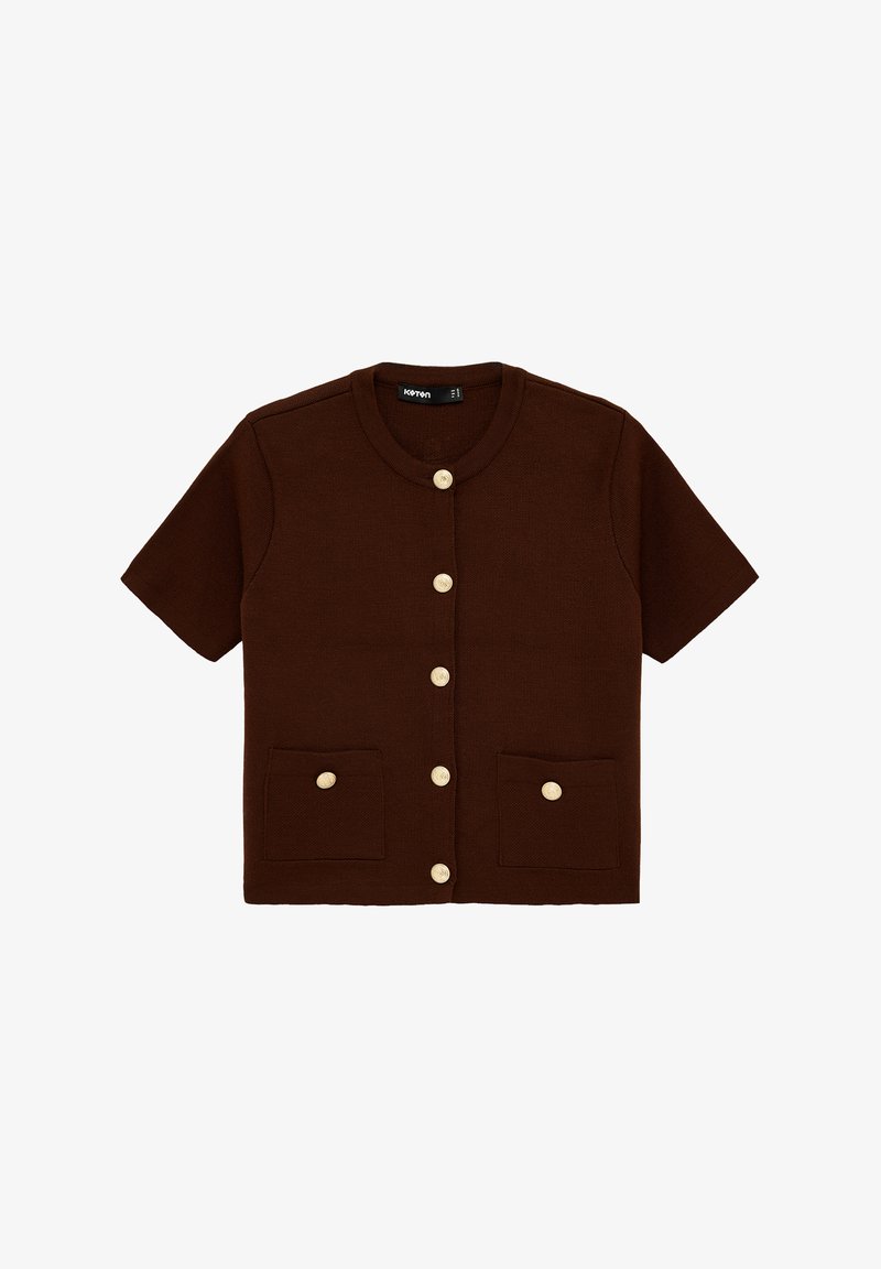 Mørkebrun kortærmet cardigan med rund halsudskæring, forreste lukning med seks beige knapper og to forlommer med knapper.