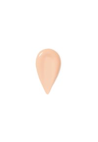 Beige sminke krem, i dråpeform, glatt tekstur, med en blank finish. Bakgrunnen er enkel hvit for kontrast.