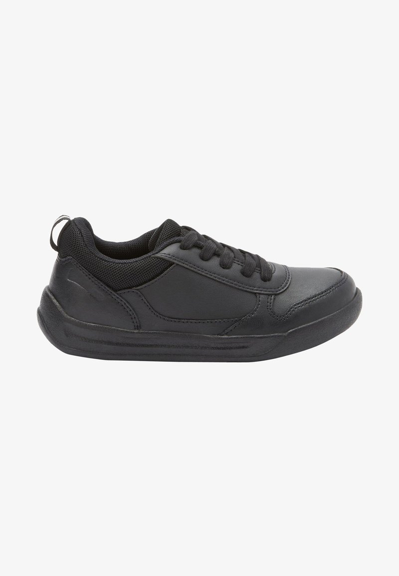 Black low-top shoe made of smooth synthetic leather with mesh accents. Features a rounded toe, lace-up closure, and a textured rubber sole.