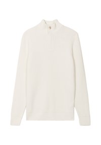 Maglione bianco lavorato a maglia con collo alto, chiusura con un bottone, motivo texturizzato e maniche lunghe. Tessuto morbido con vestibilità rilassata.