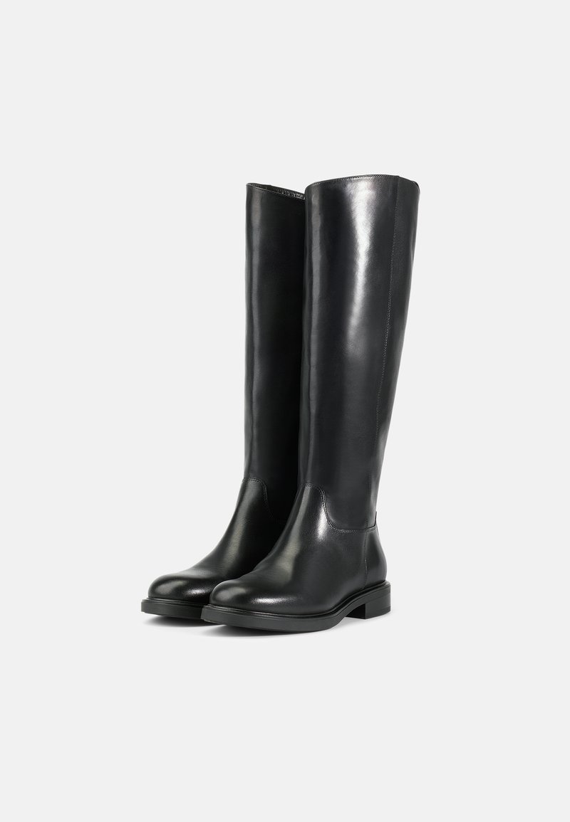 Botas de cuero negro hasta la rodilla con un acabado suave, punta redondeada y suela plana que presenta costuras mínimas y un diseño elegante.