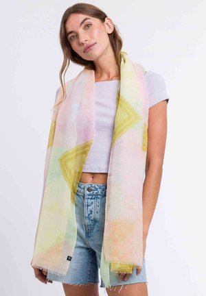 Leichte Schal mit einer pastellfarbenen Palette aus Pink, Gelb und Grün, verziert mit geometrischen Mustern und Fransenrändern.