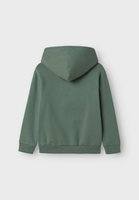 Sudadera verde con capucha que presenta una textura suave, puños y cintura acanalados, con un bolsillo tipo canguro y sin logotipos ni acentos visibles.